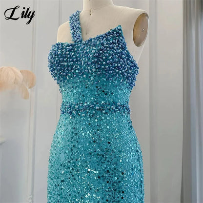 Lily Blue Gorgeous Rhinestones Prom Dresses One Shoulder Sleeveless Evening Dress Pearls Sequins Mermaid Party Gowns Customized