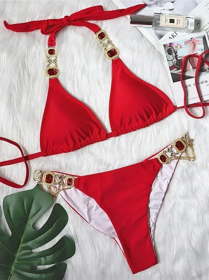 2026 Shiny Rhinestone Diamond Bikini Women Swimsuit Female Swimwear Two Pieces Bikini Set Halter Metal Chains Bathing Suit Swim
