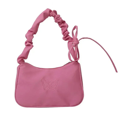 Embroidery Bowknot Butterfly Shoulder Bag Y2k-Style Ruffle Handle Nylon Bow Tote Bag Makeup Lipstick Bag Handbag New