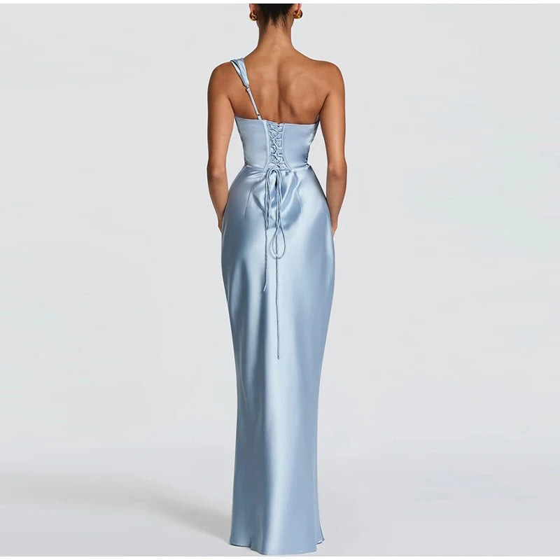 One Shoulder Satin Women 's Maxi Dress Cowl Neck Ruched Waist Bodycon Dresses 2026 Summer Woman Formal Evening Party Vestidos