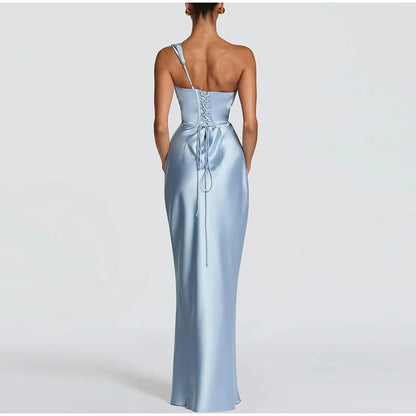 One Shoulder Satin Women 's Maxi Dress Cowl Neck Ruched Waist Bodycon Dresses 2026 Summer Woman Formal Evening Party Vestidos