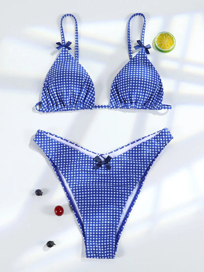 Plaid Print Bikinis Bow Swimwear Women Swimsuit Triangle Bikini Set Bandage Bath Suit Low Waist Thong Beachwear New Biquini