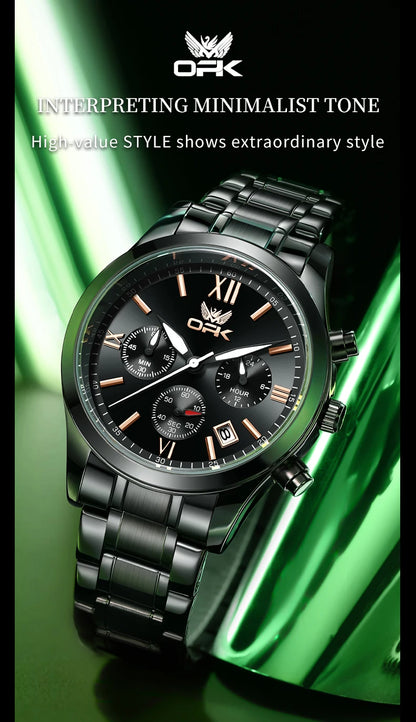 OPK 6052 Chronograph Quartz Wristwatch Original Steel Strap Waterproof Luminous Calendar Fashion Elegant Men's Business Watches