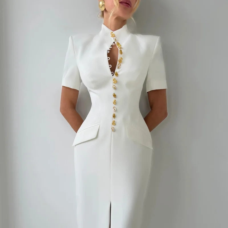 Chic Single Breasted Women's Dress Short Sleeve Slim Female Long Dresses 2026 Spring Summer Elegant Party Front Split Lady Robe