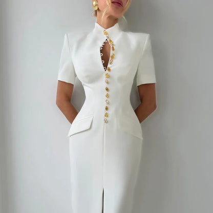 Chic Single Breasted Women's Dress Short Sleeve Slim Female Long Dresses 2026 Spring Summer Elegant Party Front Split Lady Robe