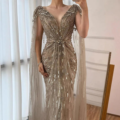 Serene Hill 2025 Turquoise Mermaid Evening Dresses Gowns With Beaded  Cape For Women's Wedding Party LA72168A Customized