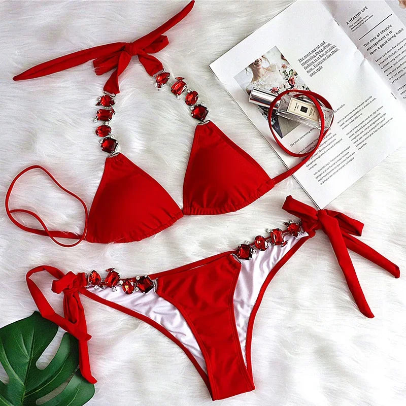 2026 Shiny Rhinestone Diamond Bikini Women Swimsuit Female Swimwear Two Pieces Bikini Set Halter Metal Chains Bathing Suit Swim