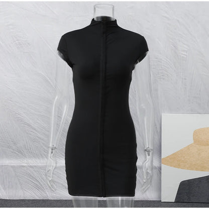 Black Hollow Out Kpop Mini Dress Women Elegant Turtleneck Short Sleeve High Waist Slim Dresses 2026 Lady Party Club Robes