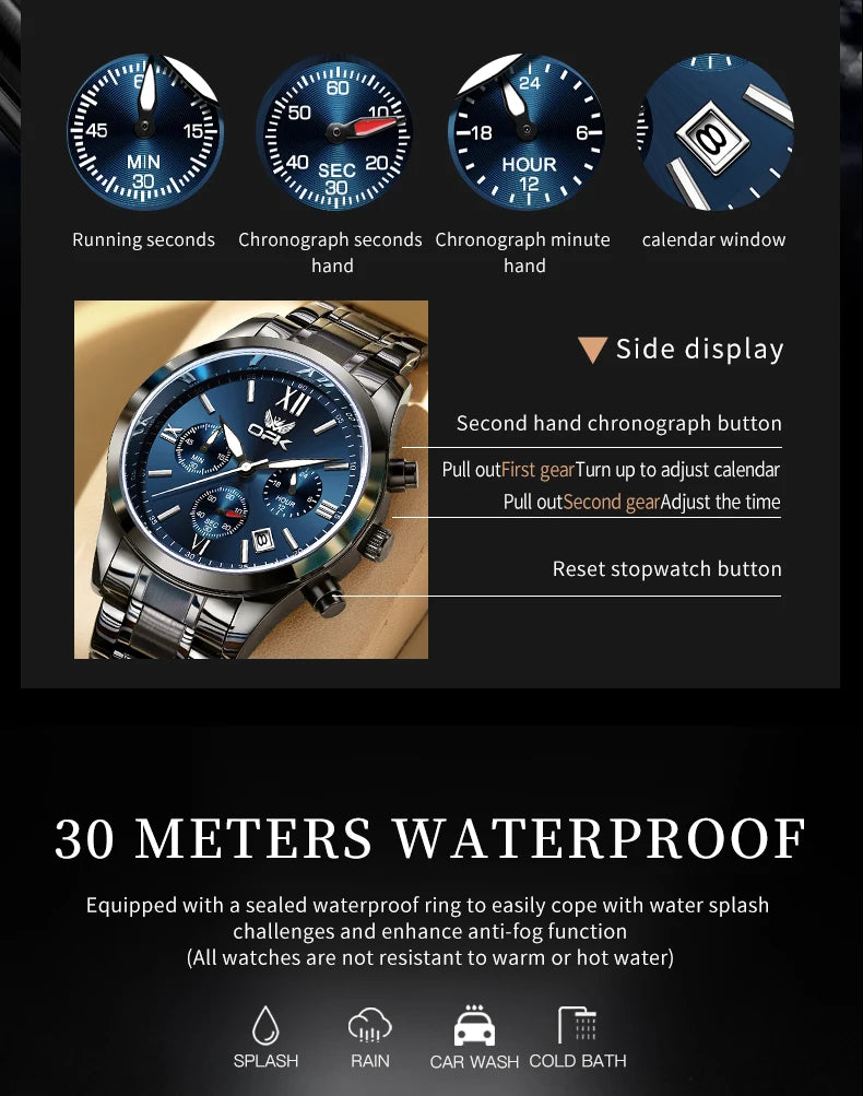 OPK 6052 Chronograph Quartz Wristwatch Original Steel Strap Waterproof Luminous Calendar Fashion Elegant Men's Business Watches