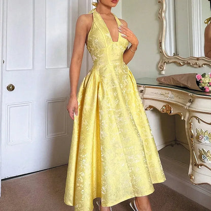 Solid Backless Lace Up A-line Dress Women Sleeveless Deep V-neck High Waist Pleated Midi Dresses Lady Evening Party Robes 2026