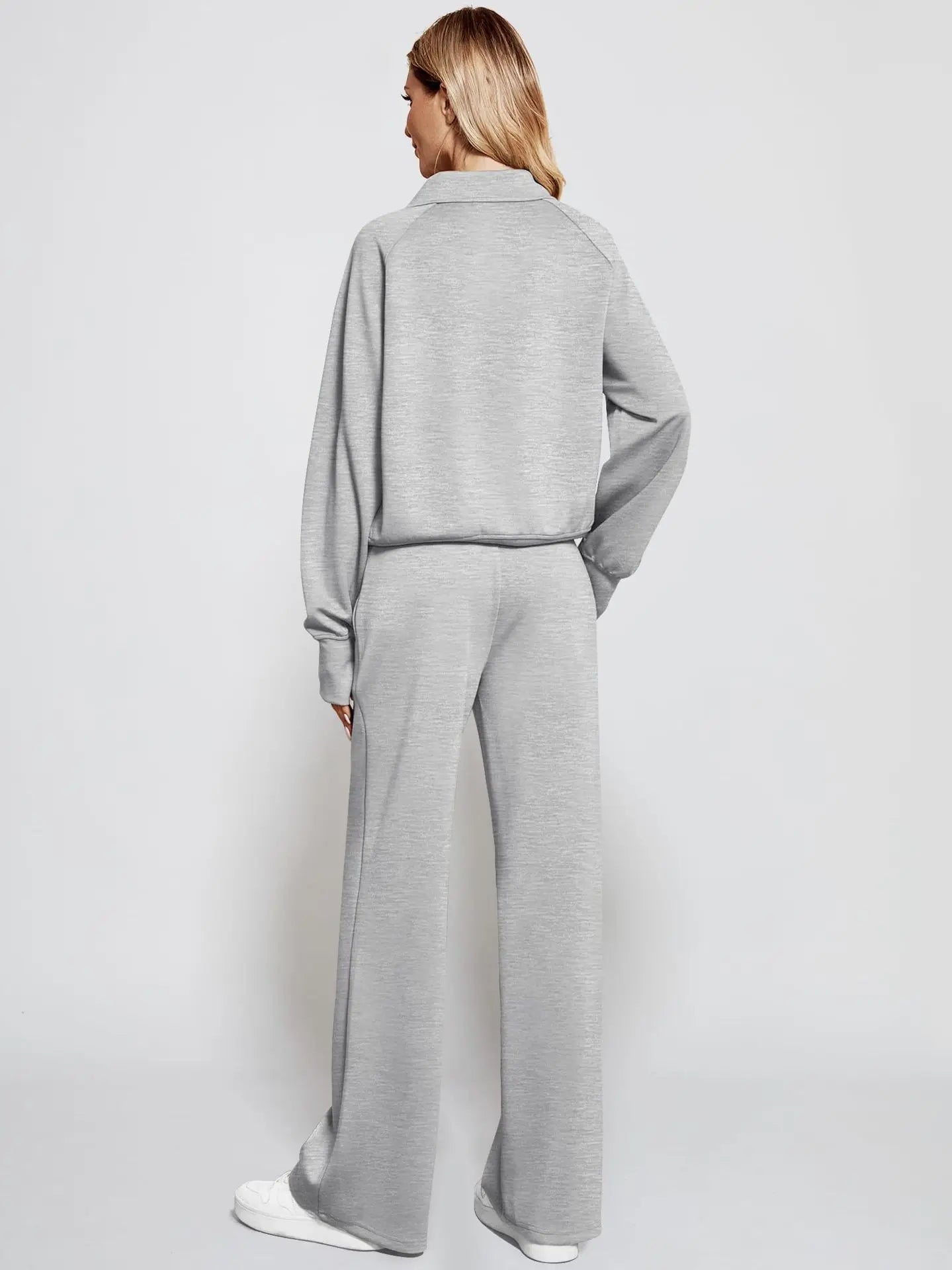 Woman Solid Color Half Zip Long Sleeve Sweatshirt and Wide Leg Pants Set Casual Sporty Two Piece Outfit