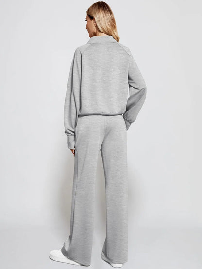 Woman Solid Color Half Zip Long Sleeve Sweatshirt and Wide Leg Pants Set Casual Sporty Two Piece Outfit