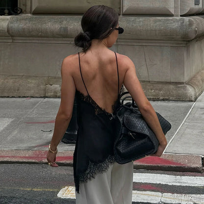Linad Sexy Black Backless Lace Camisole Women Street Chic Spaghetti Strap Tops Female Casual Patchwork Silk Vest Female 2025