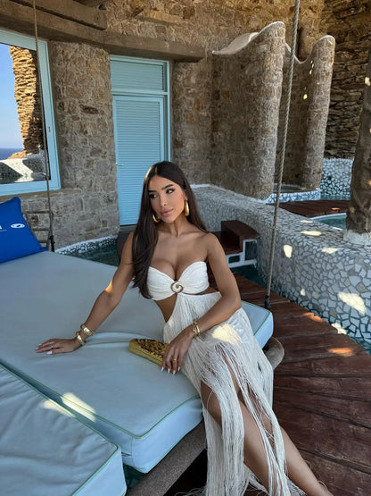 Women Fashion Off Shouler Tassels Long Skirt Set Sexy To Foots White Dresses Set Party Gown Clothing Female Beachwear Getways
