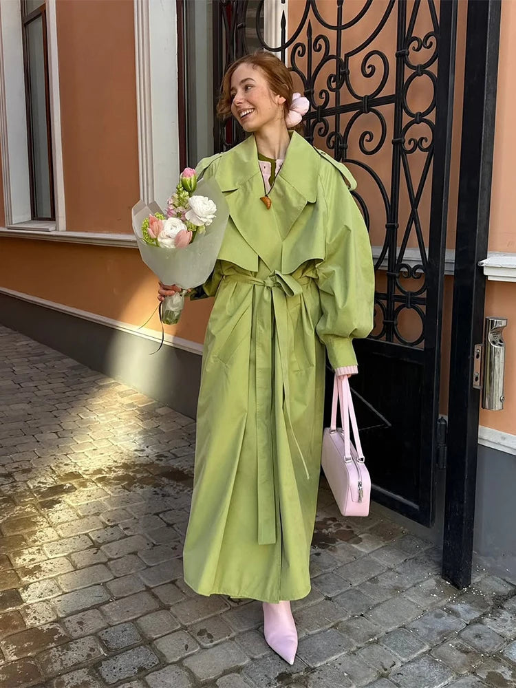 Women Green Lapel Trench Coat Fashion Belted Long Sleeve Loose Outerwear Chic 2025 New Autumn Street Travel Leisure Lady Outwear