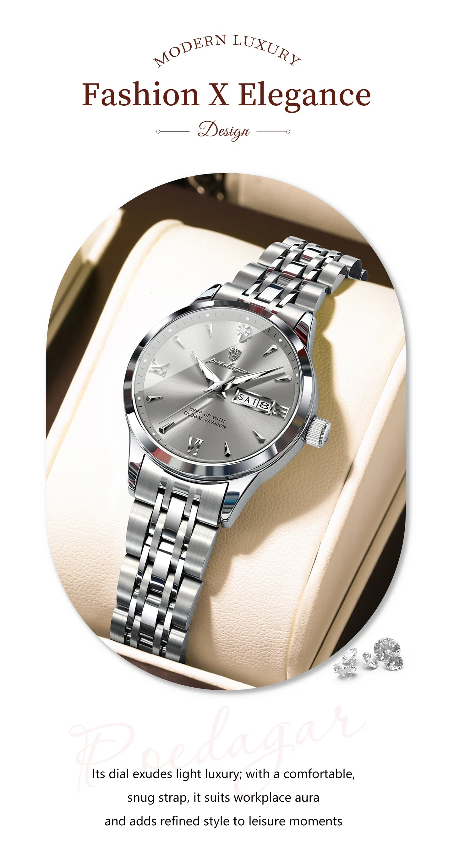 POEDAGAR Elegant Woman Watch Waterproof Luminous Date Week Ladies Wristwatch Stainless Steel Quartz Fashion Women's Watches Gift