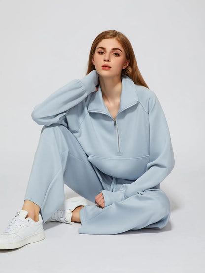 Woman Solid Color Half Zip Long Sleeve Sweatshirt and Wide Leg Pants Set Casual Sporty Two Piece Outfit