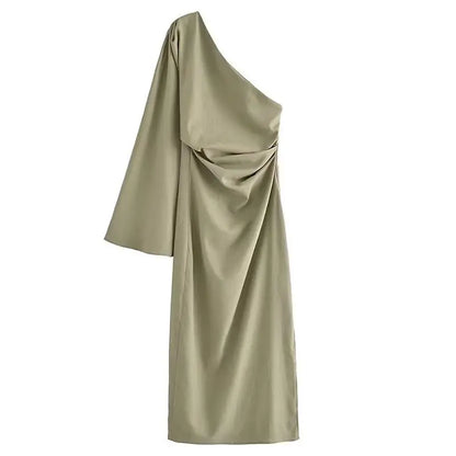 Sexy Women One Shoulder Long Sleeve Dresses Elegant Backless Split Side Slit Bodycon Dress 2023 Fashion Pleated Ladies Robe