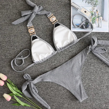 2026 Shiny Rhinestone Diamond Bikini Women Swimsuit Female Swimwear Two Pieces Bikini Set Halter Metal Chains Bathing Suit Swim