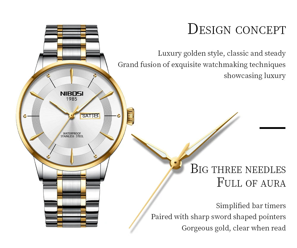 NIBOSI New Mens Watches Week Date Business Analog Quartz Dress Watches for Men Stainless Steel Waterproof Luminous Men Watches