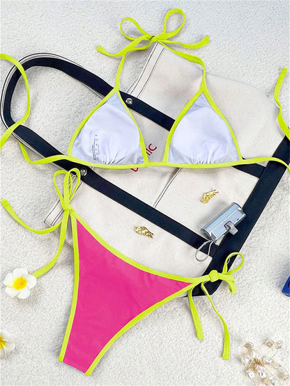 Vintage Blue Bikinis Set Triangle Border String Swimsuit Push Up Swimwear Backless Extrem Bikini Women Beach Outfit Bathing Suit