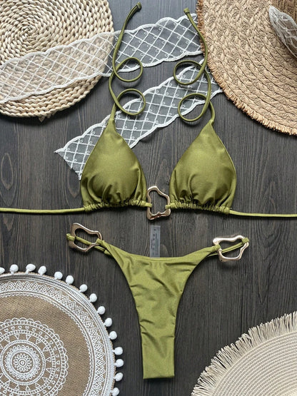 Sexy Solid Color Halter Lace-up Low Waist Bikini Set Women's Two Pieces Triangle Thong Swimsuit Bathing Suit Brazilian Biquinis