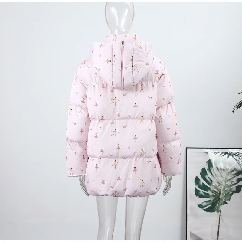 Printed Hooded Puffy Cotton Jacket Women Stand Collar Long Sleeve Zipper Loose Padded Coats 2025 Winter Lady Warm Outwear Street