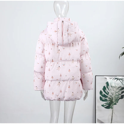 Printed Hooded Puffy Cotton Jacket Women Stand Collar Long Sleeve Zipper Loose Padded Coats 2025 Winter Lady Warm Outwear Street