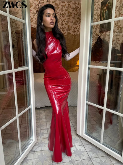 Sexy Turtleneck Leather Long Dresses 2026 Spring New Ladies Slim Sleeveless Bodycon Dress Women's Solid Nightclub Party Gowns