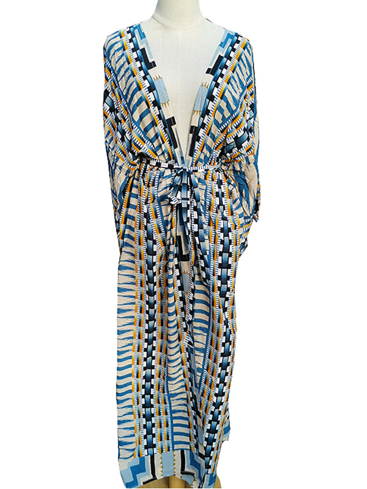 2025 Beach Kimono Cover-up Loose Swimsuit Cover Up Front Open Belt Kaftan Robe Plage Beach Pareos Dress Tunic Beach Wear