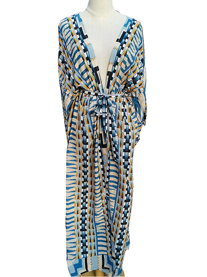 2025 Beach Kimono Cover-up Loose Swimsuit Cover Up Front Open Belt Kaftan Robe Plage Beach Pareos Dress Tunic Beach Wear
