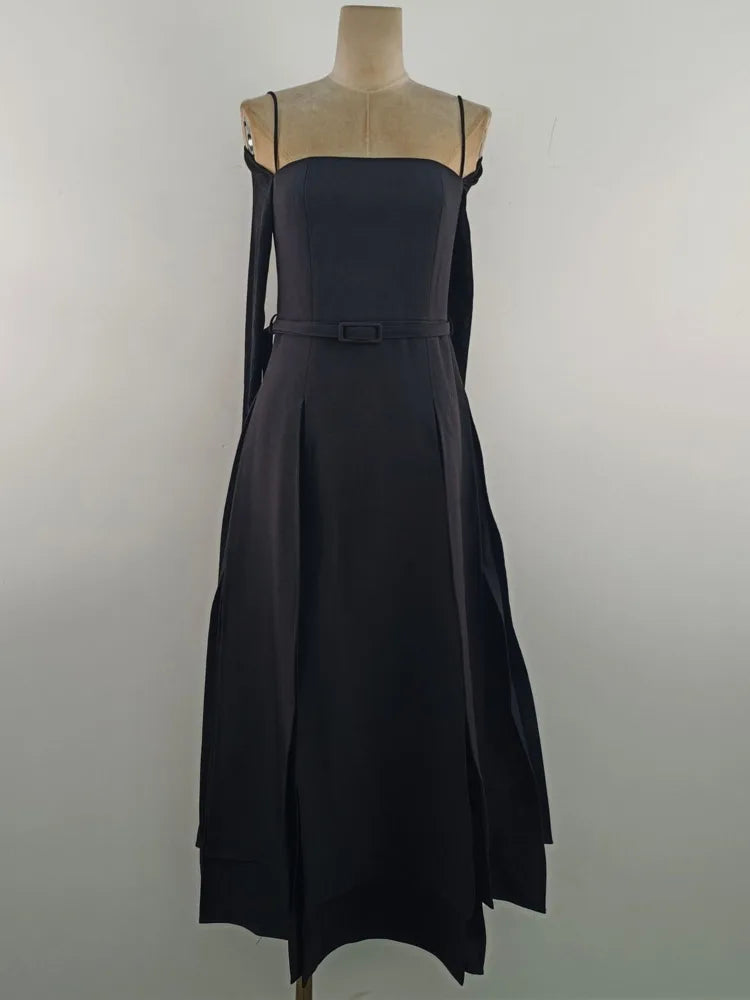 QMQA Fashion Women's Elegant Dresses Off The Shoulder Long Sleeve Split Asymmetric Hem Thin Middle Low Waist Dress New 1A200