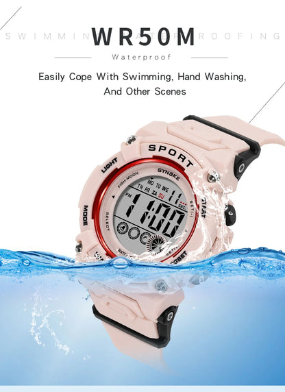 Synoke Shockproof Digital Sport's Watches Fashion PU Strap 50M Waterproof Colorful Light Led Chronograph Women's Wristwatch