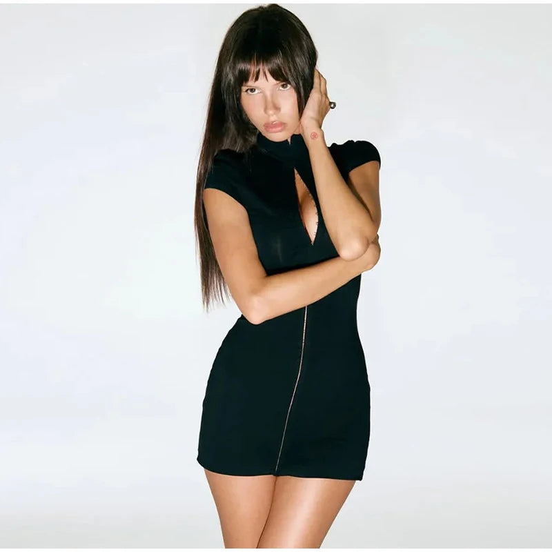 Black Hollow Out Kpop Mini Dress Women Elegant Turtleneck Short Sleeve High Waist Slim Dresses 2026 Lady Party Club Robes