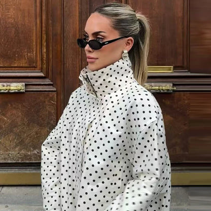 HXAO Polka Dot Bomber Jacket Women's Jackets Demi-Season Oversized Long Sleeve Top Outerwear Aviator Plus Size Zip Up Crop Coats
