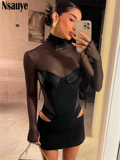 Nsauye Pullover Sexy Women Mesh Turtleneck Long Sleeve Satin Cut Out Dress Bodycon Short Club Evening Fashion Party Dress 2024