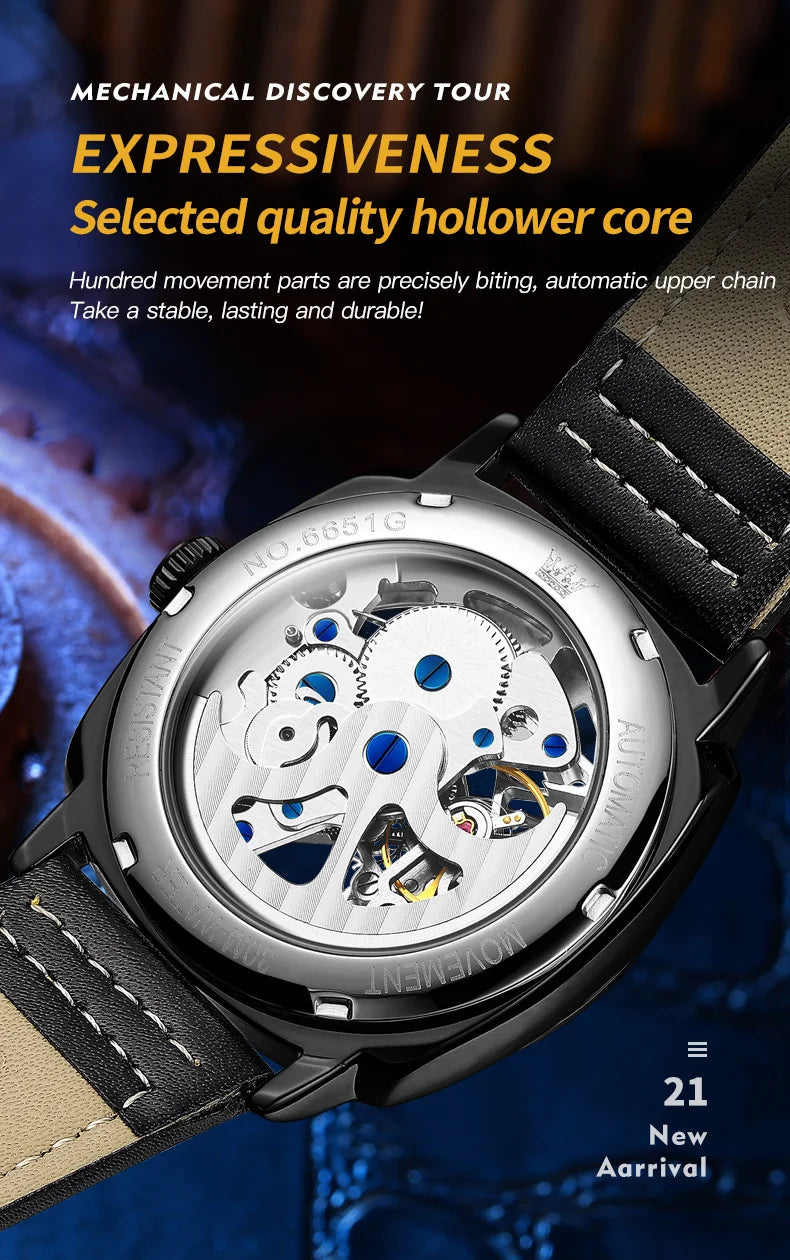 OLEVS 6651 Transparent Hollow Automatic Watches for Men Leather Strap Tonneau PUNK Style Mechanical Writwatch Luxury Man Watch