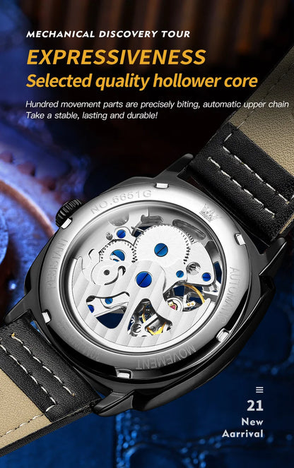 OLEVS 6651 Transparent Hollow Automatic Watches for Men Leather Strap Tonneau PUNK Style Mechanical Writwatch Luxury Man Watch