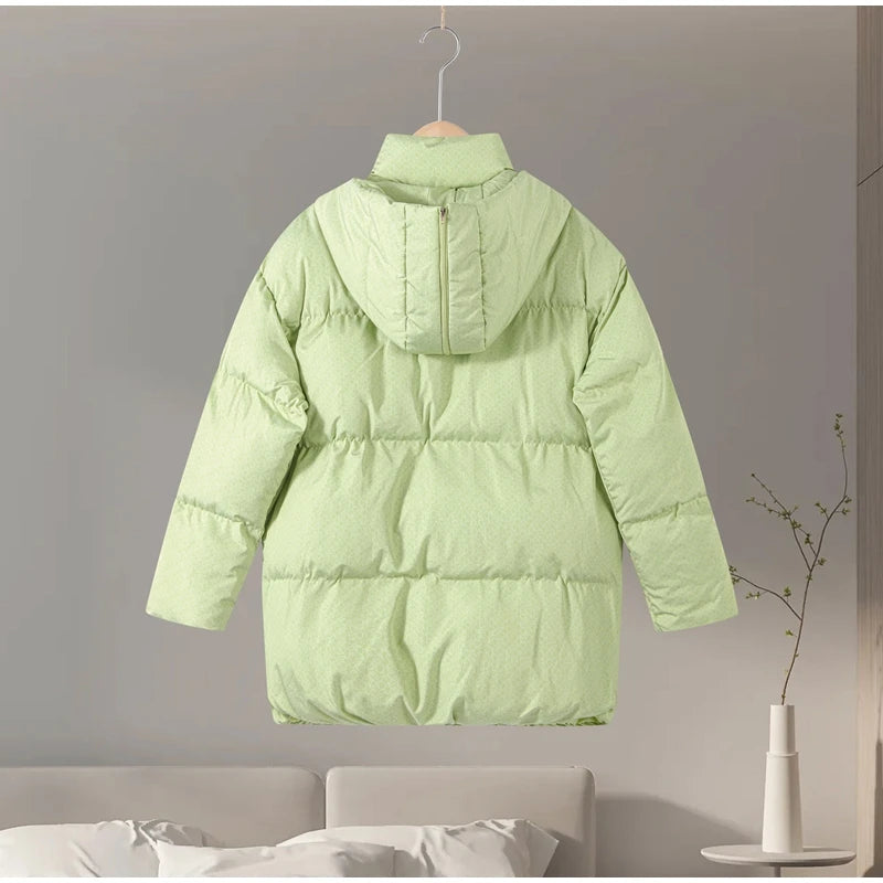 Printed Hooded Puffy Cotton Jacket Women Stand Collar Long Sleeve Zipper Loose Padded Coats 2025 Winter Lady Warm Outwear Street