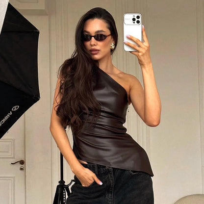 Solid color leather sleeveless irregular single shoulder sloping collar sexy slim zipper T-shirt