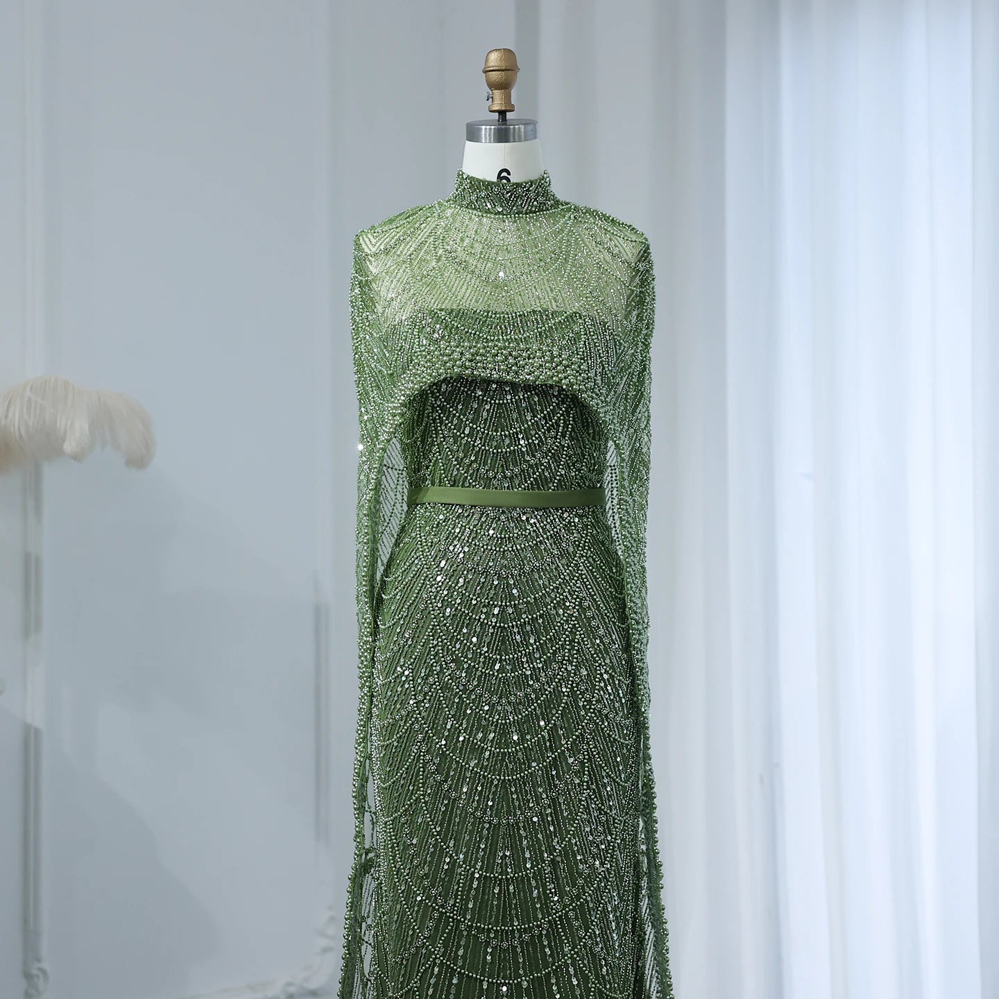 Sharon Said Luxury Pearls Dubai Champagne Evening Dresses with Cape New Arabic Women Mermaid Wedding Party Prom Dress SS369