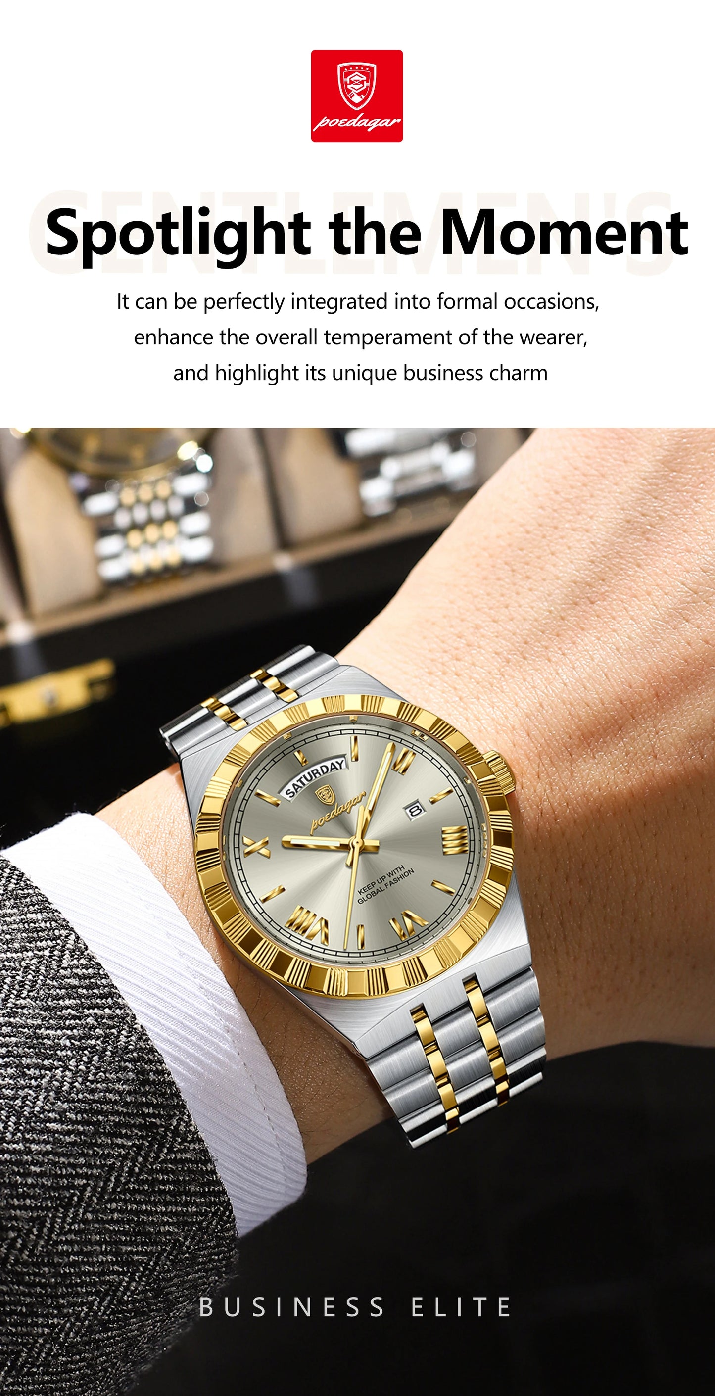 POEDAGAR Fashion Business Men's Watch Luminous Waterproof Week Date Luxury Man Wristwatch Stainless Steel Quartz Watches For Men
