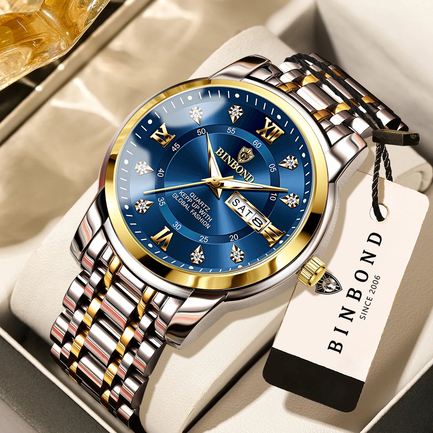 BINBOND Luxury quartz wristwatches luminous waterproof week auto date men's watch business sport clock fashion casual reloj
