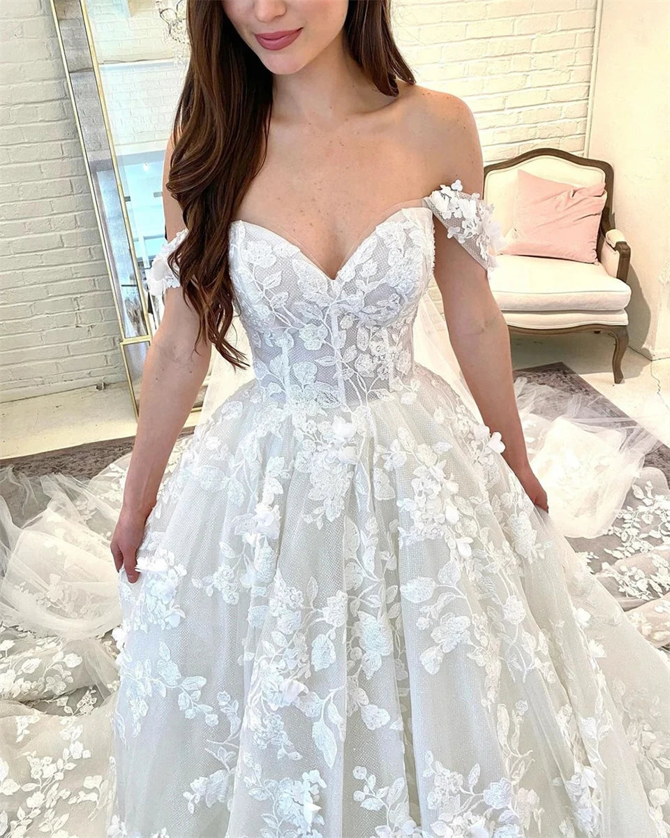Customized Appliques Lace off Shoulder Ball Gown Wedding Dresses For Women 2026 Court Train Bridal Gowns Vestidos De Novia