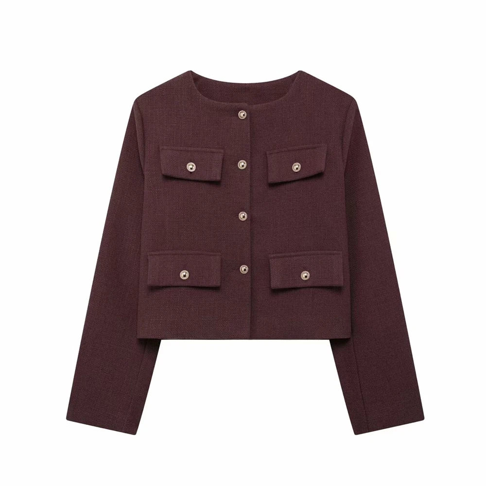 Women's Golden Button Jacket Coat, O Neck, Long Sleeve, Female Outerwear, Chic Tops, Fashion