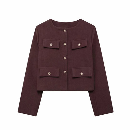 Women's Golden Button Jacket Coat, O Neck, Long Sleeve, Female Outerwear, Chic Tops, Fashion