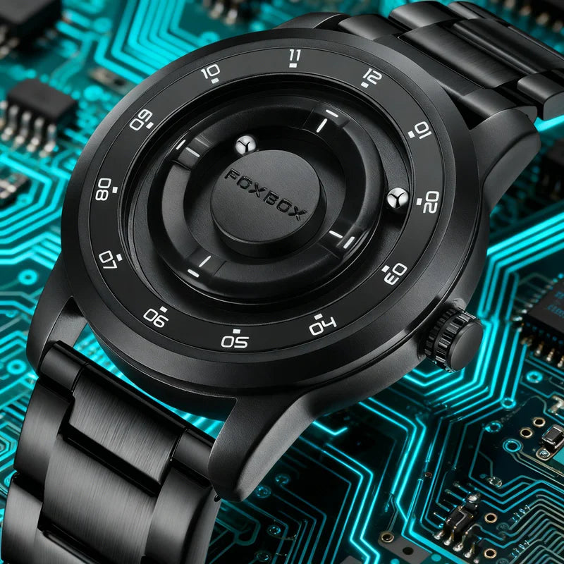 FOXBOX Personalized Mens Watches Creative Simple Floating Magnetic Pointer Quartz Wristwatch Steel Waterproof Watch for Man