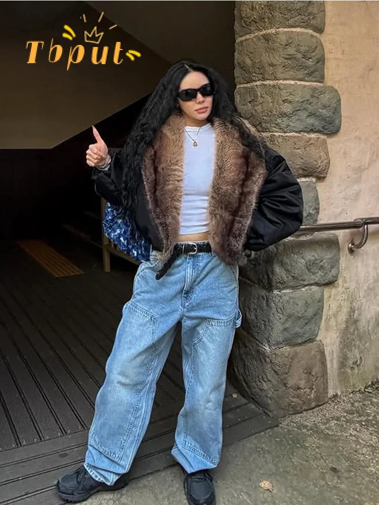 Brown Faux Fur Collar Leather Jacket Women Oversize Design Long Sleeve Coat 2025 Fashion Luxurious Versatile Bomber Outerwear