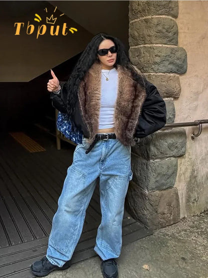 Brown Faux Fur Collar Leather Jacket Women Oversize Design Long Sleeve Coat 2025 Fashion Luxurious Versatile Bomber Outerwear