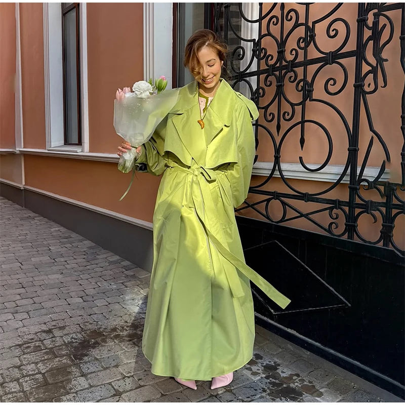 Women Green Lapel Trench Coat Fashion Belted Long Sleeve Loose Outerwear Chic 2025 New Autumn Street Travel Leisure Lady Outwear